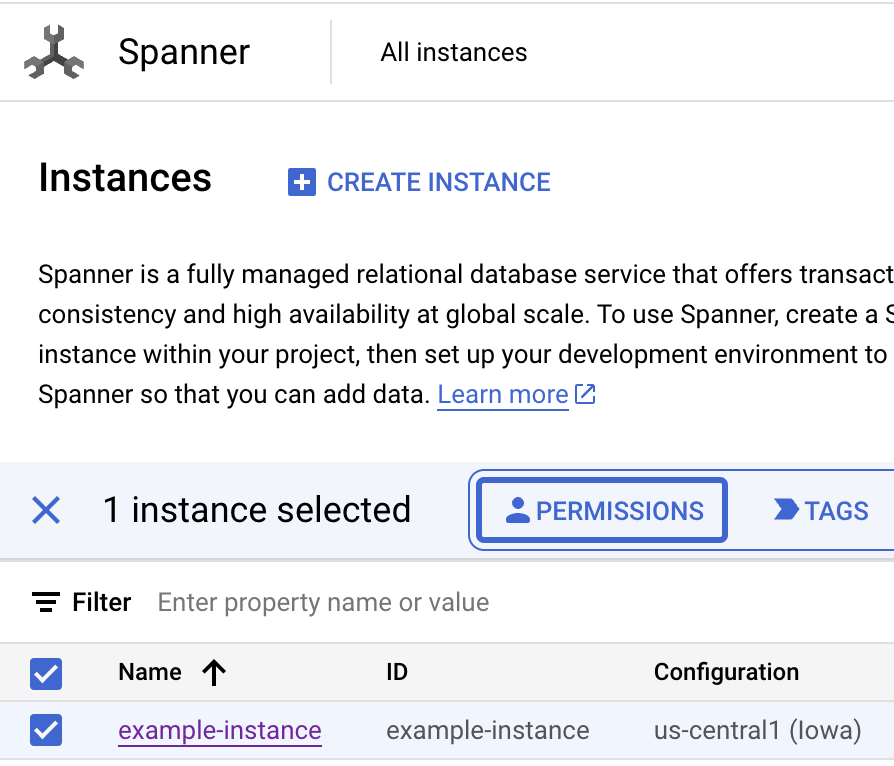 Open Cloud Spanner Instance Permissions